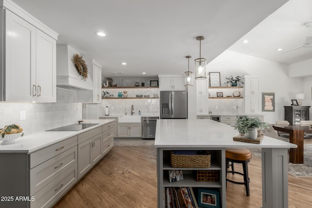 kitchen featuring light wood-style flooring, a sink, stainless steel appliances, and open shelves
