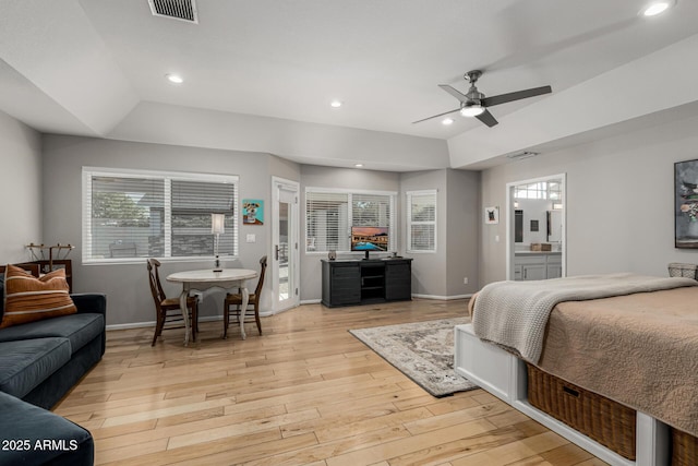 bedroom featuring baseboards, light wood-style flooring, visible vents, and recessed lighting