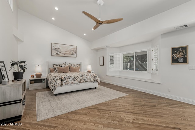 bedroom featuring wood finished floors, baseboards, visible vents, ceiling fan, and recessed lighting