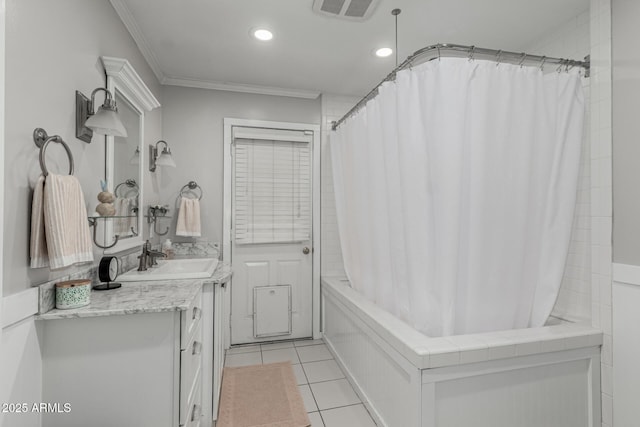bathroom with vanity, crown molding, recessed lighting, tile patterned floors, and visible vents