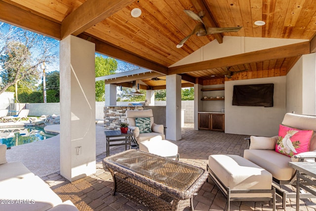 view of patio featuring a fenced backyard, outdoor lounge area, and a fenced in pool