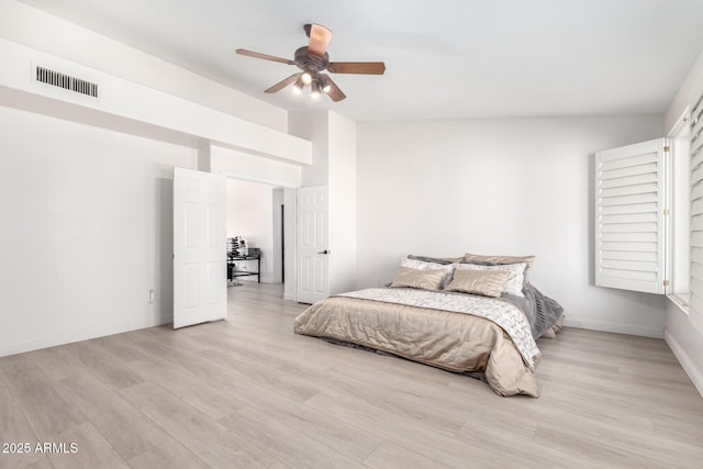 bedroom featuring ceiling fan and light hardwood / wood-style flooring