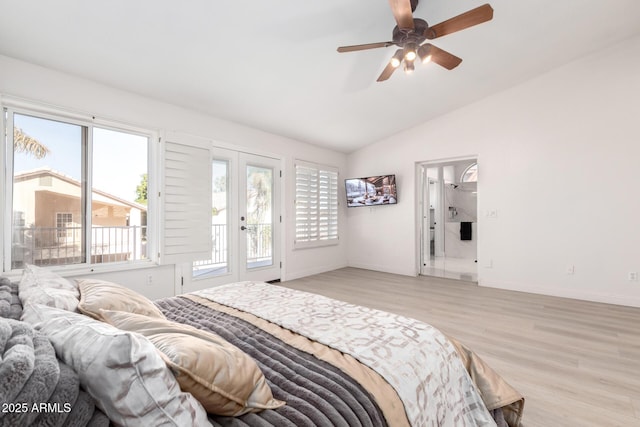 bedroom with vaulted ceiling, ceiling fan, french doors, access to outside, and light wood-type flooring