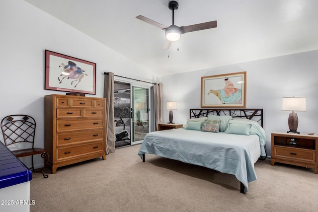 bedroom with light carpet, lofted ceiling, a ceiling fan, and access to exterior