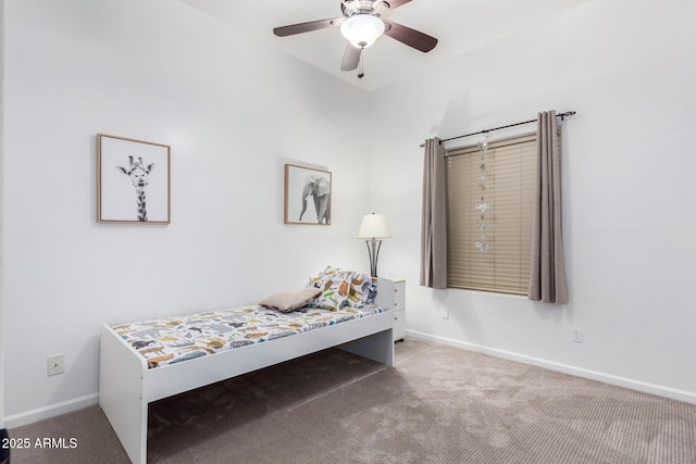 bedroom featuring carpet floors, baseboards, and a ceiling fan