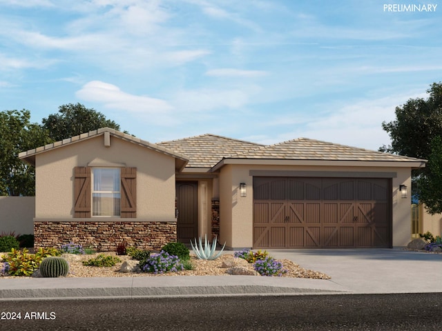 view of front of property featuring stone siding, concrete driveway, an attached garage, and stucco siding