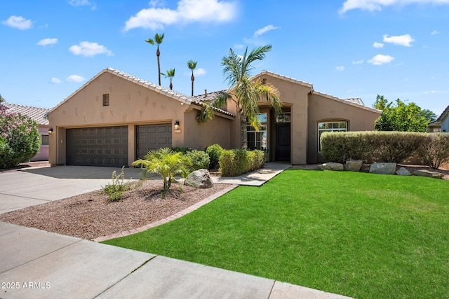 15020 N 54th Pl, Scottsdale, AZ 85254 - view of front of house with stucco siding, concrete driveway, a front lawn, an attached garage, and a tiled roof