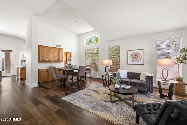 15020 N 54th Pl, Scottsdale, AZ 85254 - living room featuring dark wood-type flooring and high vaulted ceiling