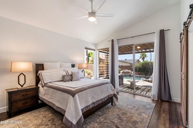15020 N 54th Pl, Scottsdale, AZ 85254 - bedroom featuring a barn door, access to exterior, lofted ceiling, wood finished floors, and a ceiling fan