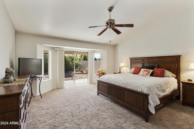 carpeted bedroom featuring vaulted ceiling, ceiling fan, and access to outside