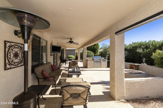 view of patio / terrace featuring ceiling fan, outdoor lounge area, and area for grilling