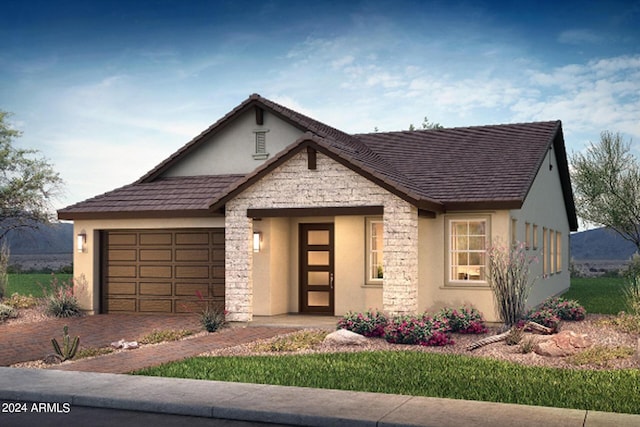 21354 E Sparrow Dr, Queen Creek, AZ 85142 - view of front of home with driveway, stucco siding, an attached garage, and stone siding