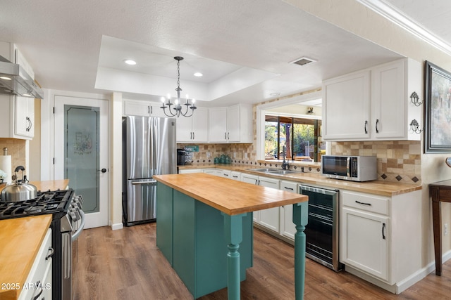 kitchen with butcher block countertops, stainless steel appliances, and white cabinets