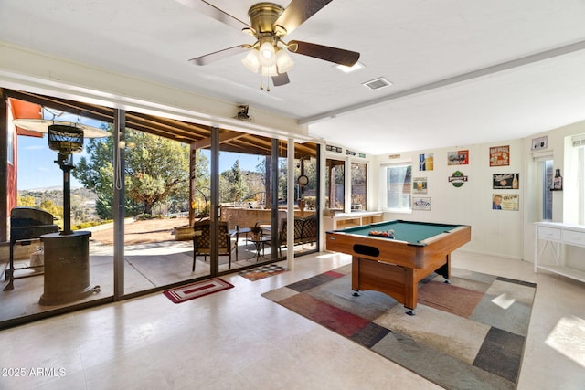 recreation room with ceiling fan, billiards, and beamed ceiling