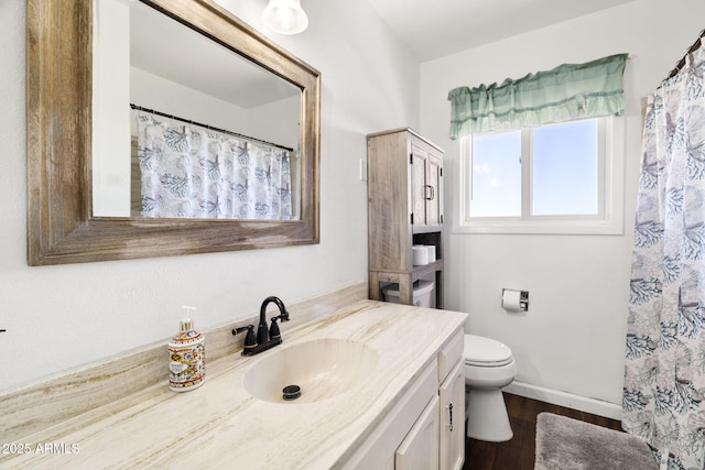 bathroom featuring vanity, hardwood / wood-style flooring, and toilet