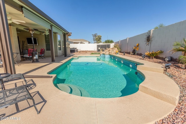 view of pool with a patio area, a fenced in pool, and a fenced backyard