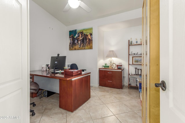 office area with light tile patterned flooring and a ceiling fan