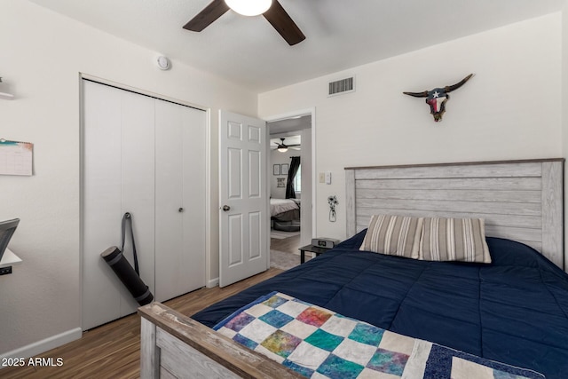 3447 E Dolphin Ave, Mesa, AZ 85204 - bedroom with wood finished floors, a closet, and ceiling fan
