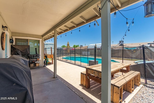 3447 E Dolphin Ave, Mesa, AZ 85204 - view of pool featuring a patio, a fenced backyard, and a trampoline