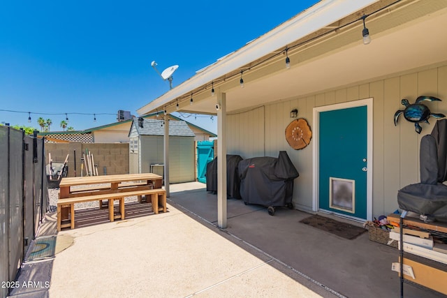 3447 E Dolphin Ave, Mesa, AZ 85204 - view of patio / terrace featuring a shed and grilling area