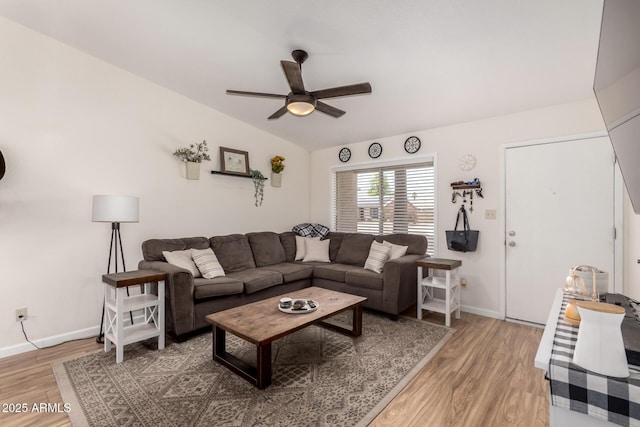 3447 E Dolphin Ave, Mesa, AZ 85204 - living room featuring ceiling fan, wood finished floors, and lofted ceiling