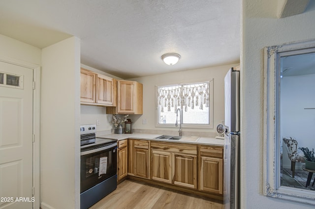 552 E 8th St, Florence, AZ 85132 - kitchen with a textured ceiling, a sink, light countertops, light wood finished floors, and stainless steel appliances