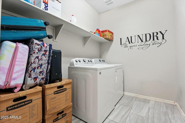 clothes washing area with laundry area, baseboards, and washer and clothes dryer