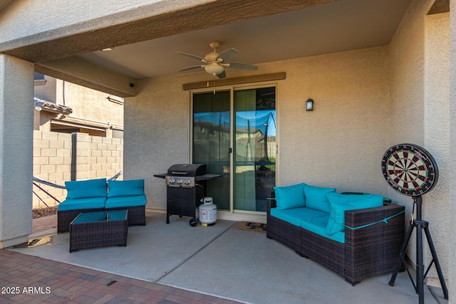 view of patio / terrace featuring an outdoor hangout area, a grill, a ceiling fan, and fence