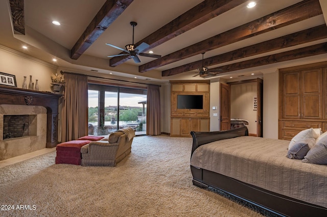 bedroom with light colored carpet, ceiling fan, beamed ceiling, a high end fireplace, and access to outside