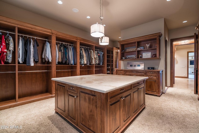 walk in closet with light colored carpet