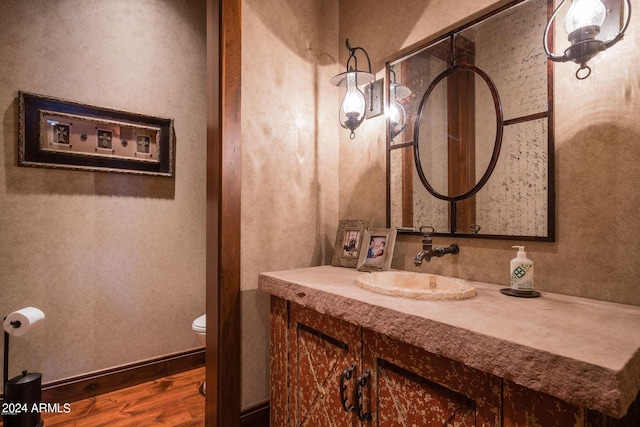 bathroom featuring toilet, hardwood / wood-style flooring, and oversized vanity