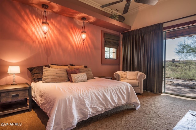 bedroom with ceiling fan, crown molding, dark colored carpet, and access to outside