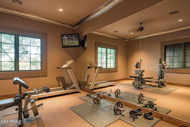 workout area with crown molding and carpet