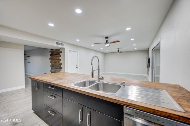 2122 E Radcliffe Dr, Tempe, AZ 85283 - kitchen featuring butcher block counters, stainless steel dishwasher, ceiling fan, recessed lighting, and dark cabinets