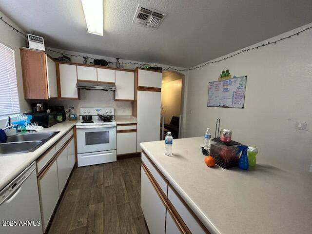 7664 W Vermont Ave, Glendale, AZ 85303 - kitchen with electric stove, dishwasher, under cabinet range hood, a sink, and dark wood-style floors