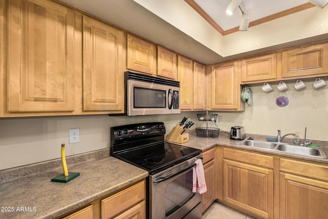 kitchen featuring ornamental molding, stainless steel appliances, rail lighting, and sink