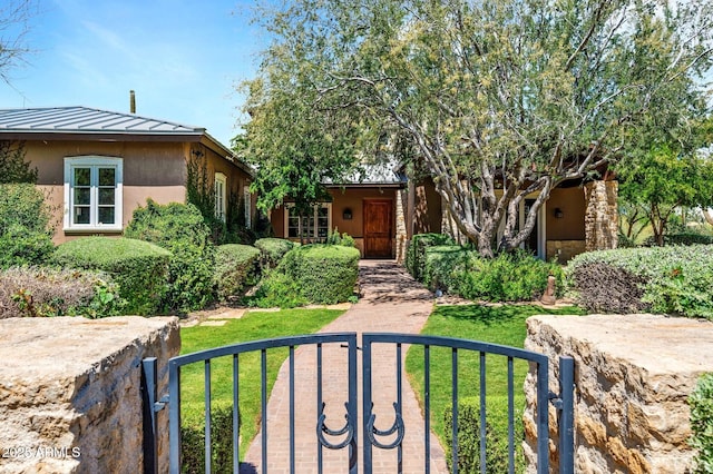 view of front of home featuring metal roof, a standing seam roof, a gate, and a fenced front yard