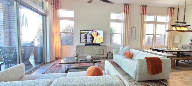 living room with ceiling fan and light wood-type flooring