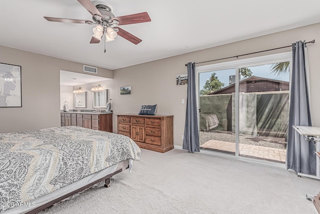 bedroom with a ceiling fan, access to exterior, visible vents, baseboards, and light carpet