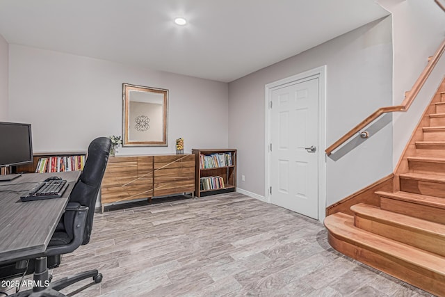 office with recessed lighting, baseboards, and wood finished floors