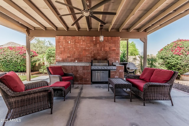 view of patio featuring an outdoor hangout area, ceiling fan, a grill, and area for grilling