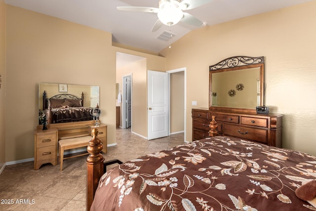 tiled bedroom featuring ceiling fan and vaulted ceiling