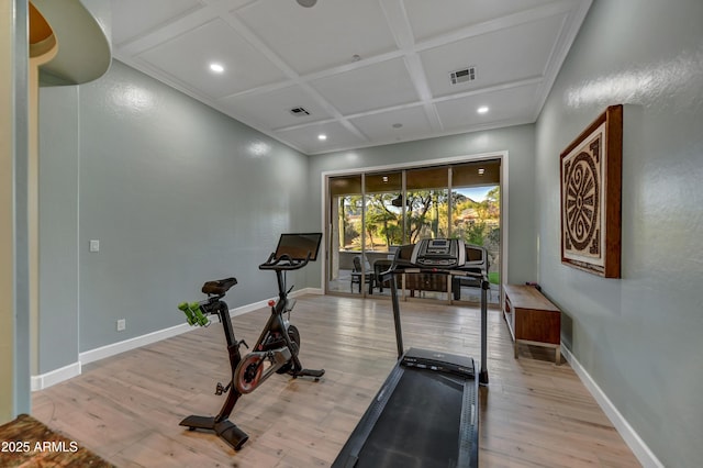workout room with visible vents, baseboards, recessed lighting, coffered ceiling, and light wood finished floors