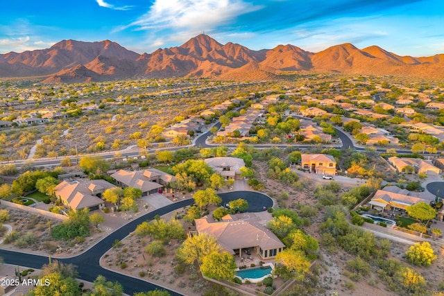 aerial view featuring a residential view and a mountain view