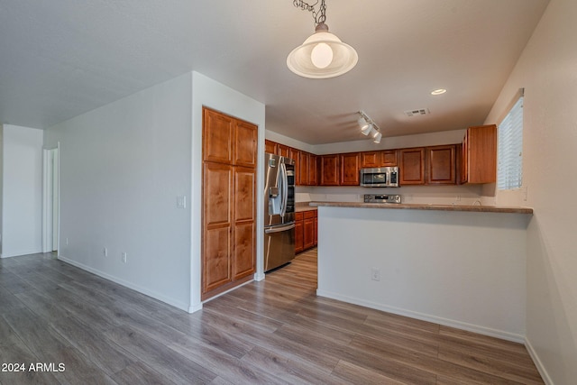 kitchen featuring kitchen peninsula, appliances with stainless steel finishes, light hardwood / wood-style floors, and decorative light fixtures