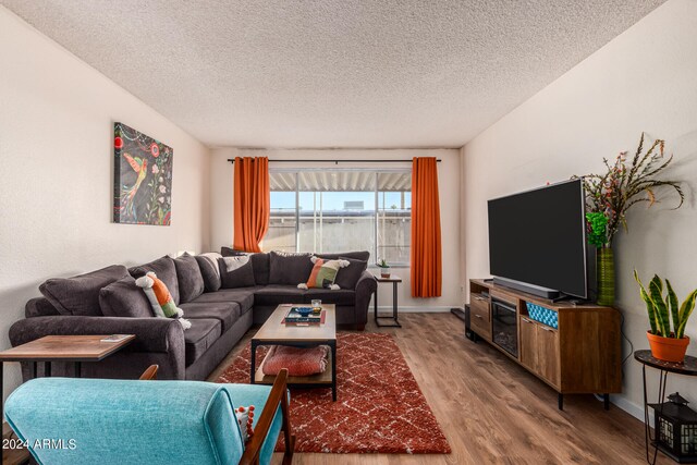 living room featuring a textured ceiling and wood-type flooring