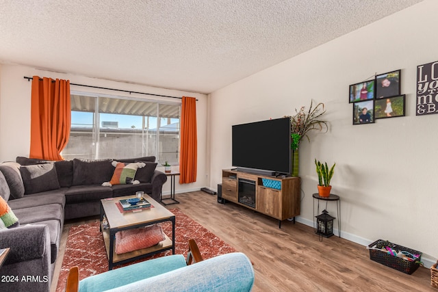 living room featuring a textured ceiling and wood-type flooring