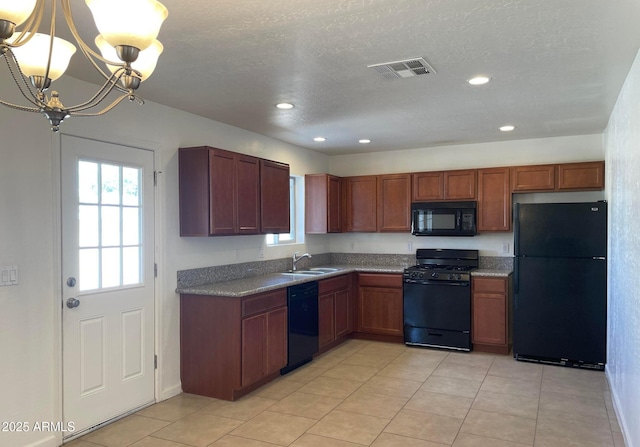 1532 W 6th St, Tempe, AZ 85281 - kitchen featuring black appliances, a sink, a chandelier, light tile patterned flooring, and recessed lighting