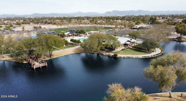 bird's eye view featuring a water and mountain view