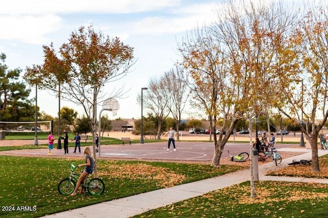 view of property's community with a lawn, basketball court, and volleyball court